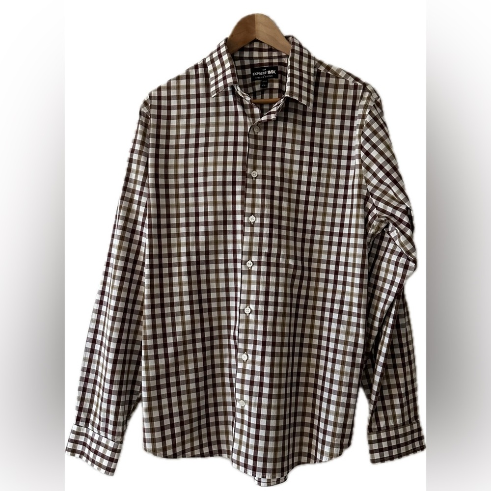 Express 1MX - Men's Slim Stretch Cotton Brown Gingham / Checkered Dress Shirt